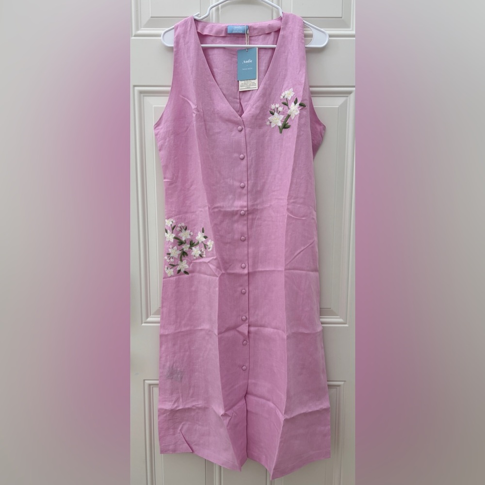NWT Andie x Fanm Mon Anamur Pink Aster Linen Dress Size L & M Embroidered Flower